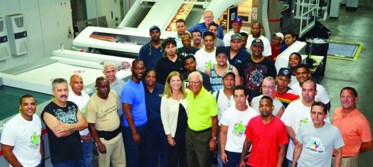 Accurate Box Company's Laminating Crew with Lisa Hirsh, Charlie Hirsh, and Mark Schlossman