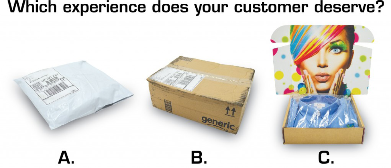 Which experience does your custom deserve? A. Plain plastic bag, B. Plain brown or 1 color brown box or C. Full color graphic box to show off a brand