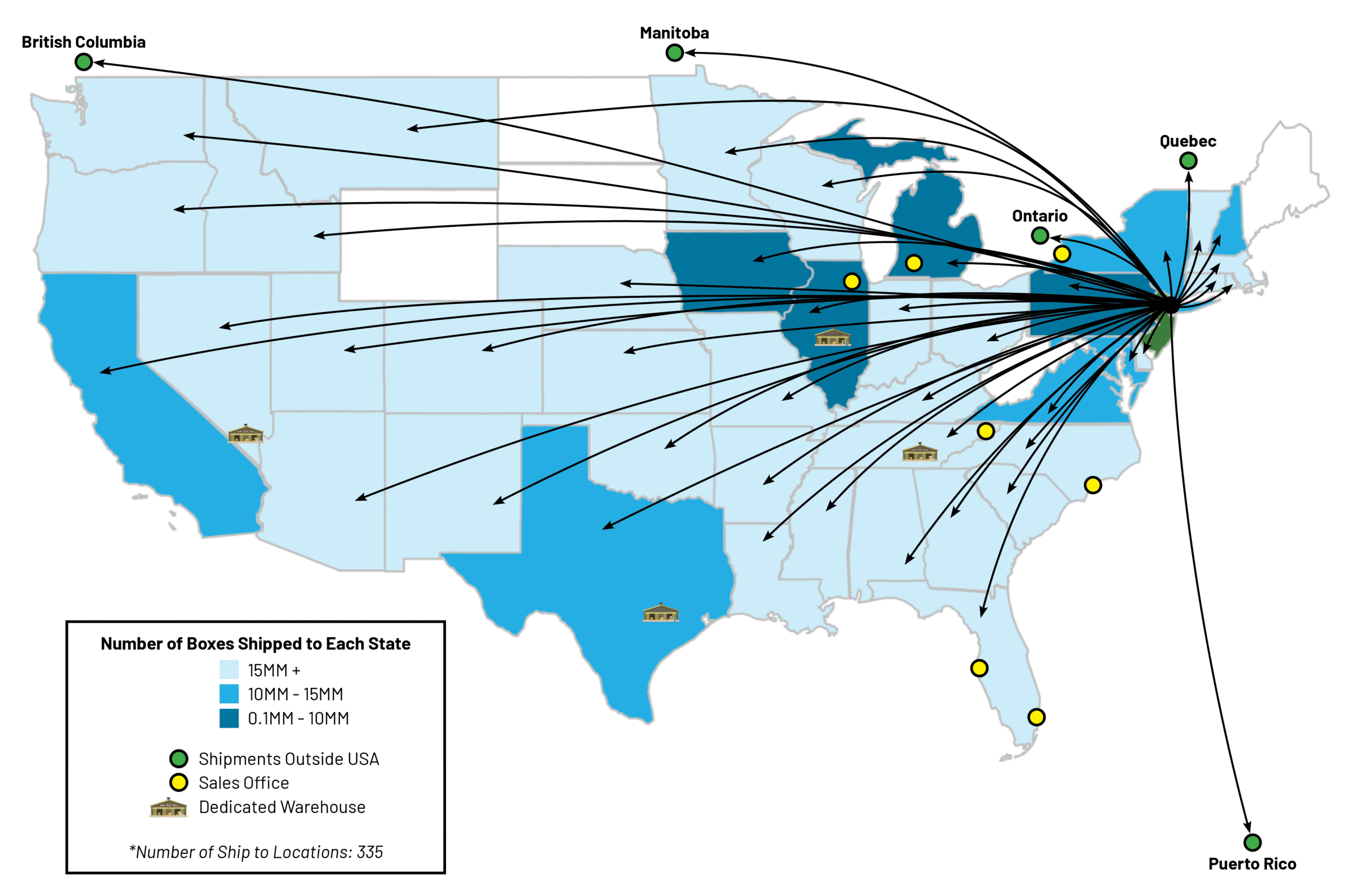 The locations Accurate Box ships to across North America