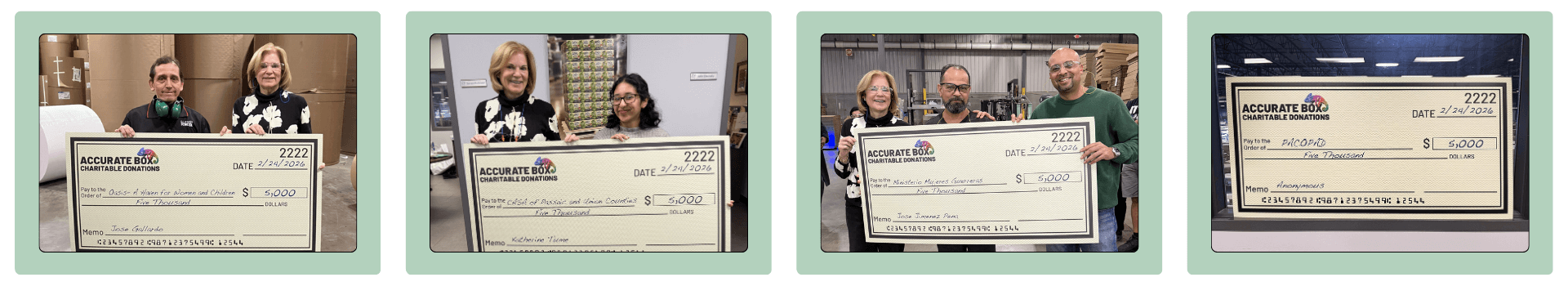 Accurate Box employees holding donation checks