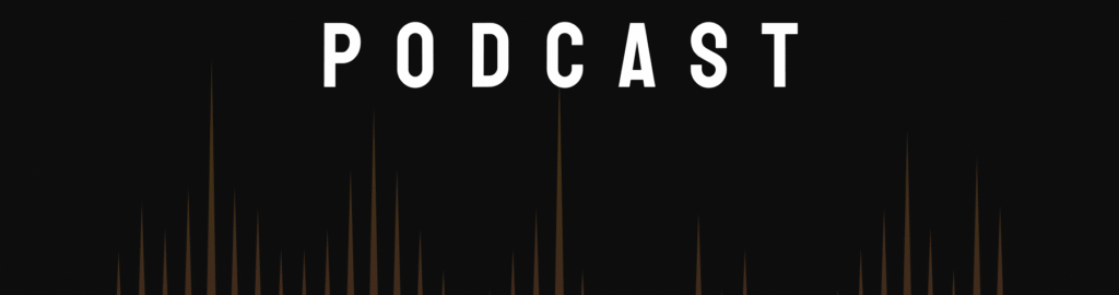 Podcast written on black background with sound waves